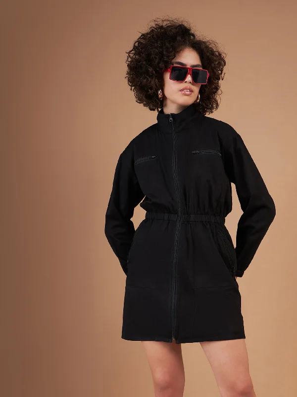 Lyush Women Black Twill Front Zipper Mini Dress Chic Tropical Mini Dress