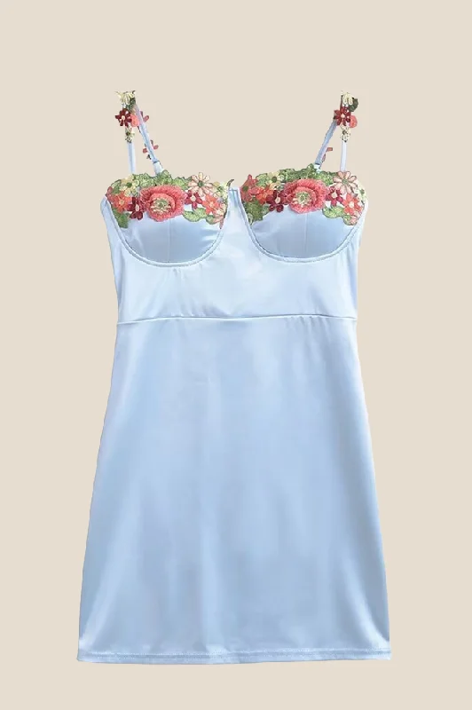 Spaghetti Straps Blue 3D Floral Mini Dress Modern Satin Mini Dress
