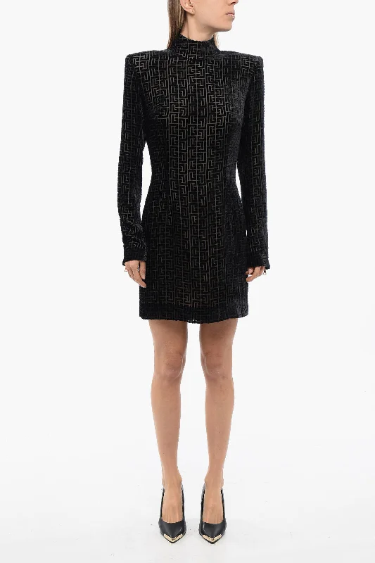 Balmain Monogram Patterned Flocked Mesh Sheath Dress Tunics Prom sequined