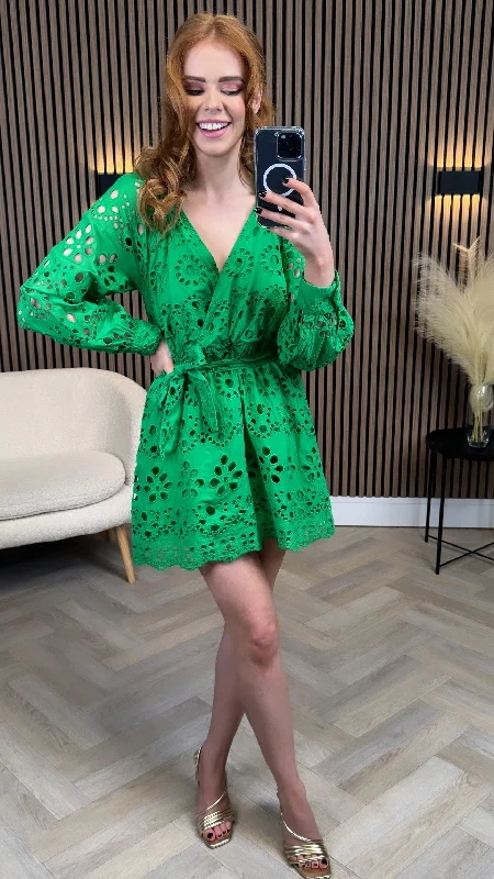 Elodie Green Broidery Wrap V Neck Mini Dress Elegant Mini Dress with Ruffles