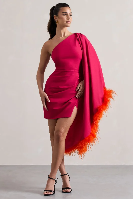 Lyrika | Dark Pink Asymmetric Cape Sleeve Mini Dress With Feathers Chic Mini Dress with V-Neck Lyrika | Dark Pink Asymmetric Cape Sleeve Mini Dress With Feathers Chic Mini Dress with V-Neck