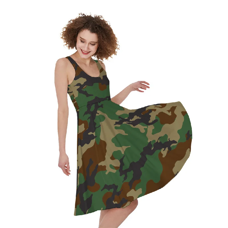 Green And Brown Camouflage Print Sleeveless Knee Length Dress Tunics Review highly