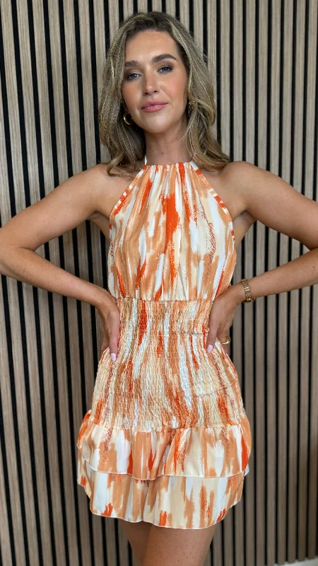 Teagan Orange Printed Frill Detail Halterneck Mini Dress Comfortable Ruffle Mini Dress Teagan Orange Printed Frill Detail Halterneck Mini Dress Comfortable Ruffle Mini Dress