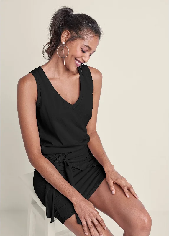V-Neck Side Wrap Mini Dress - Black Cozy Sweater Mini Dress