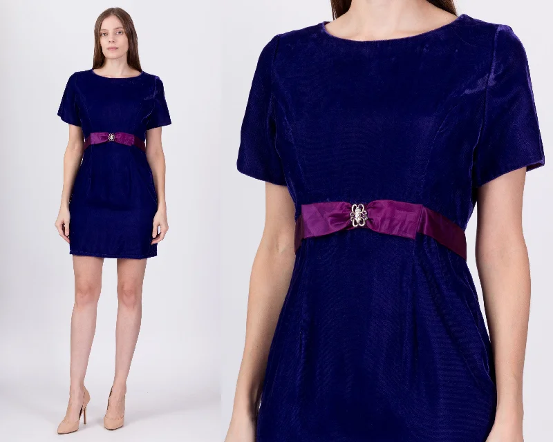 80s Royal Purple Velvet Party Dress - Medium Crew Neckline Casual