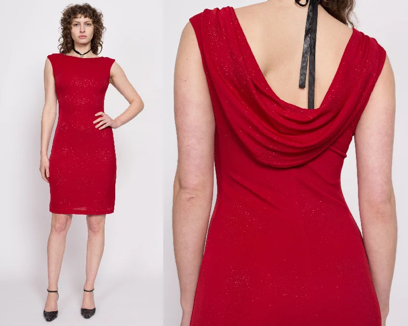 90s Red Cowl Low Back Party Dress - Small Square Neckline Feminine