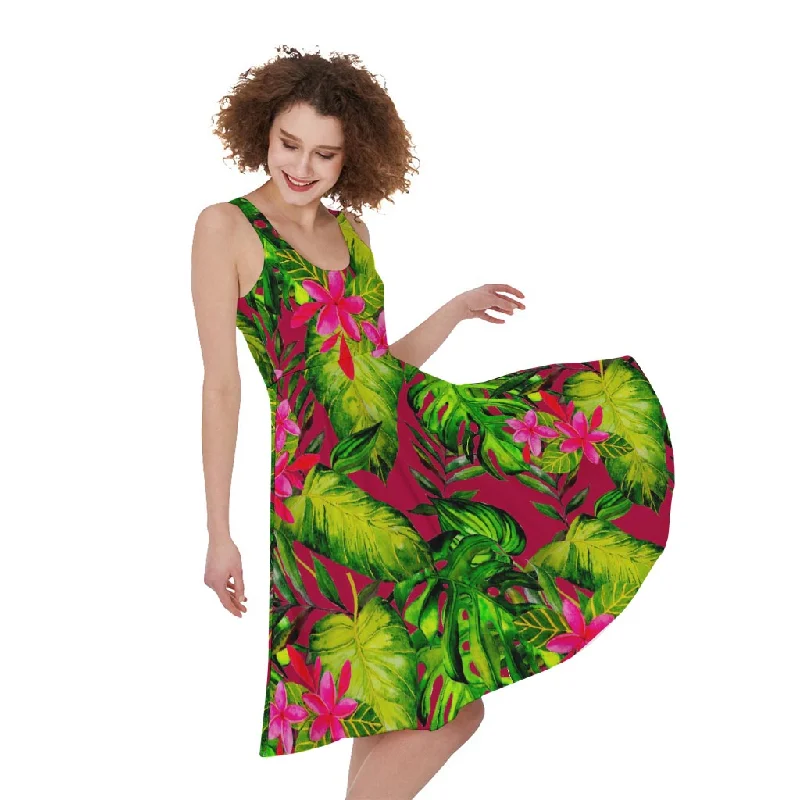 Pink Hawaiian Tropical Pattern Print Sleeveless Knee Length Dress Tunics Custom made Pink Hawaiian Tropical Pattern Print Sleeveless Knee Length Dress Tunics Custom made