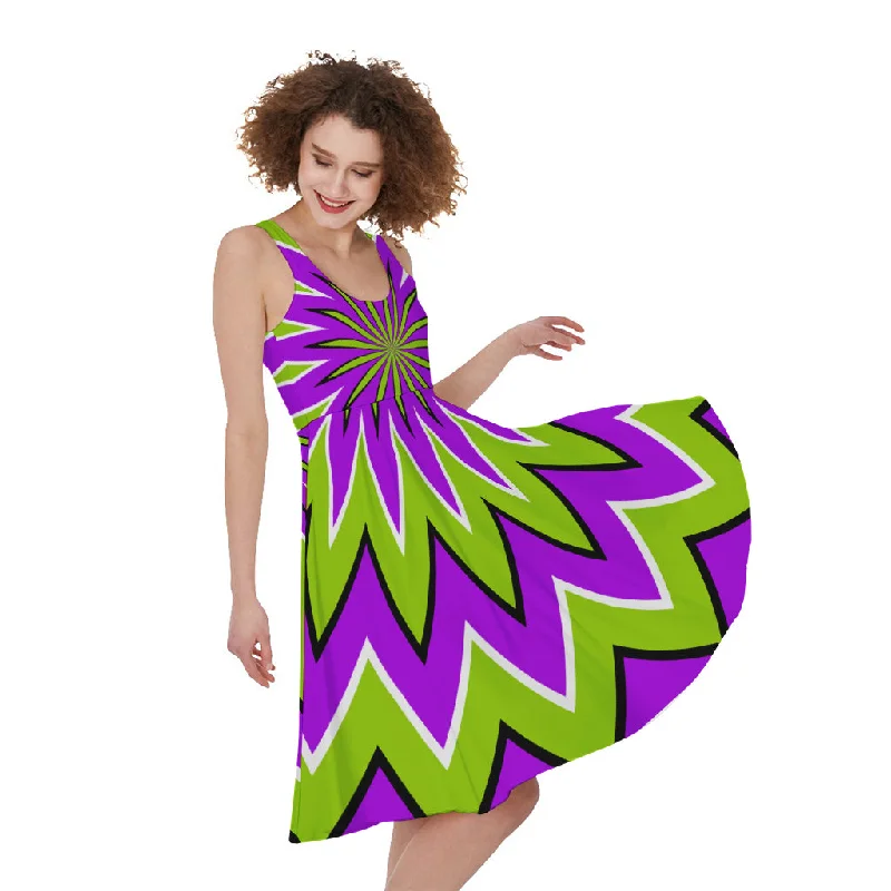 Green Flower Moving Optical Illusion Sleeveless Knee Length Dress Tunics Formal black Green Flower Moving Optical Illusion Sleeveless Knee Length Dress Tunics Formal black