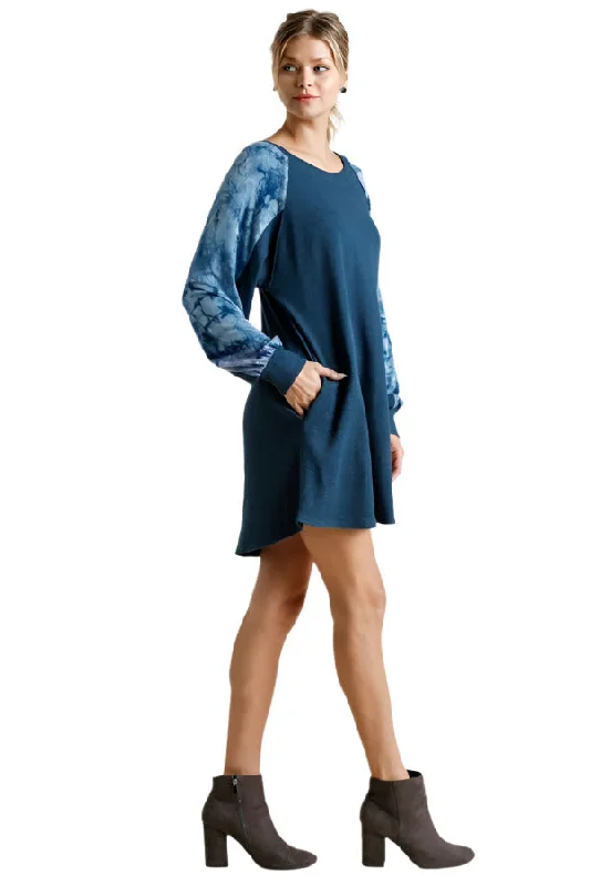 Tie Dye Raglan Sleeve Waffle Knit Mini Dress, Blue Modern Satin Mini Dress