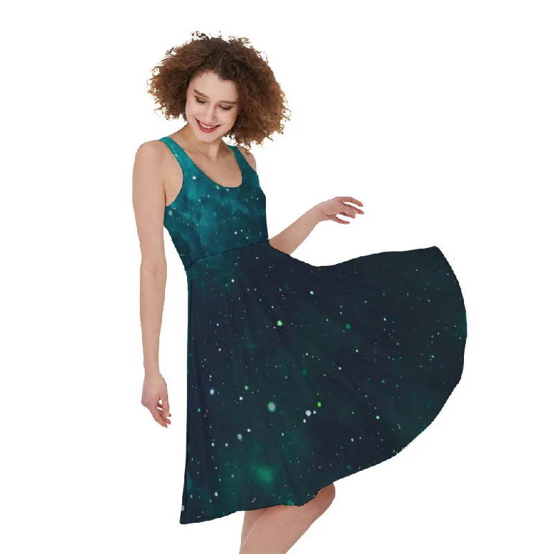 Dark Teal Galaxy Space Print Sleeveless Knee Length Dress Tunics Wedding white