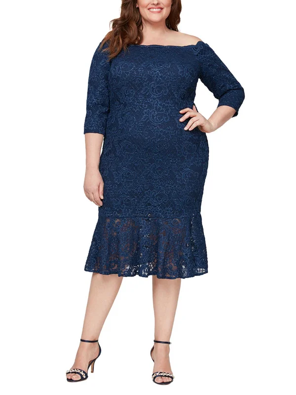 Plus Womens Off-The-Shoulder Below Knee Cocktail And Party Dress Crew Neckline Casual