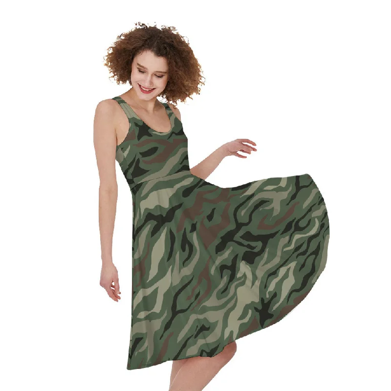 Green Camo Zebra Pattern Print Sleeveless Knee Length Dress Tunics Designer luxury