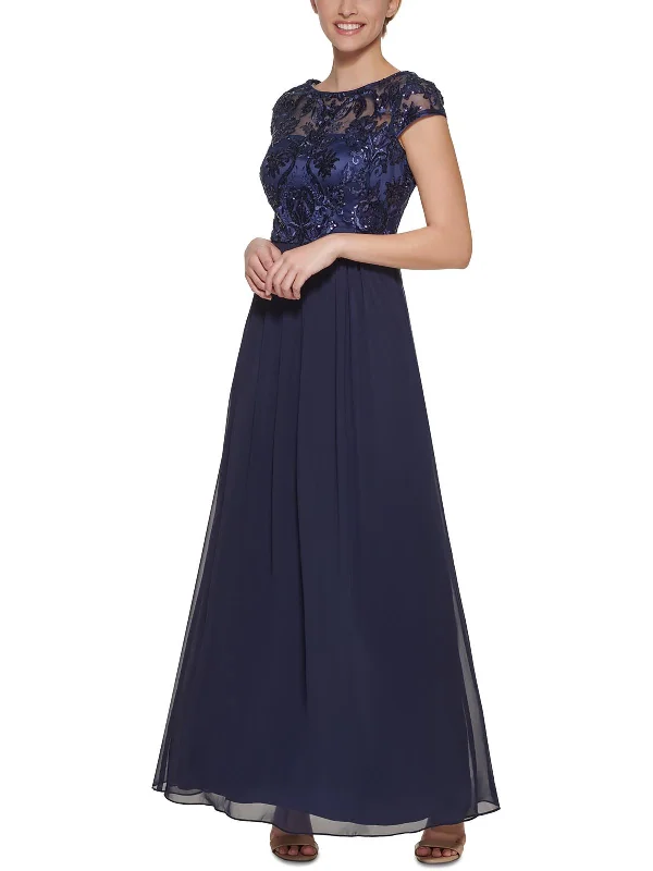 Womens Chiffon Embroidered Evening Dress Crew Neckline Sporty