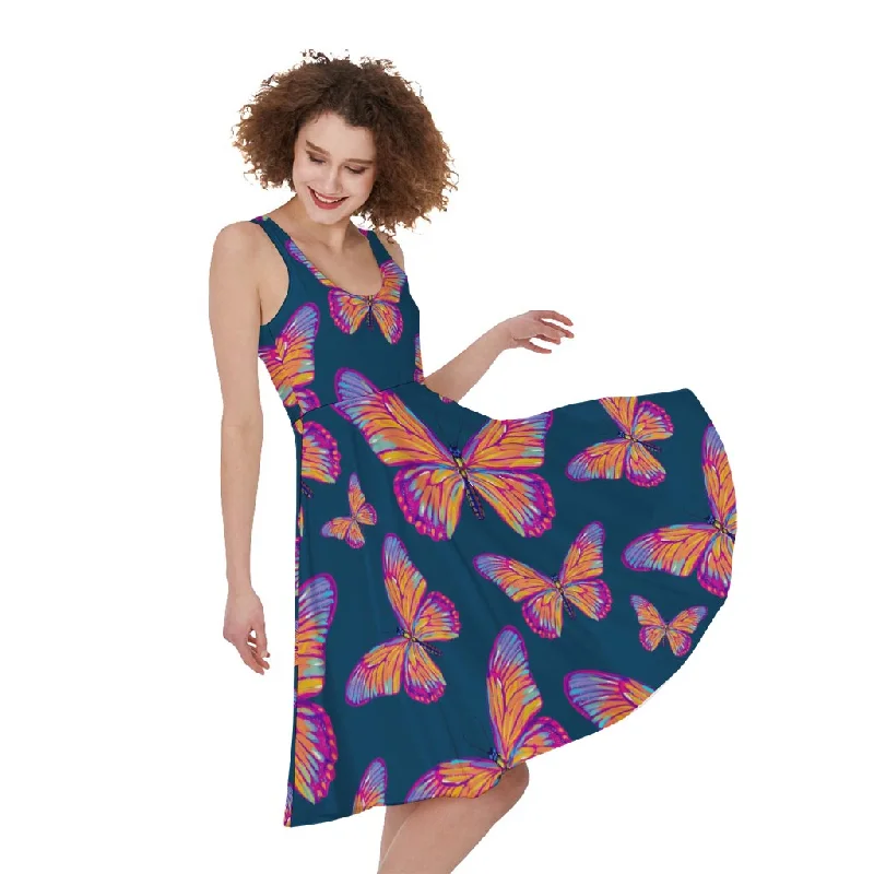 Orange And Purple Butterfly Print Sleeveless Knee Length Dress Tunics Running lightweight Orange And Purple Butterfly Print Sleeveless Knee Length Dress Tunics Running lightweight