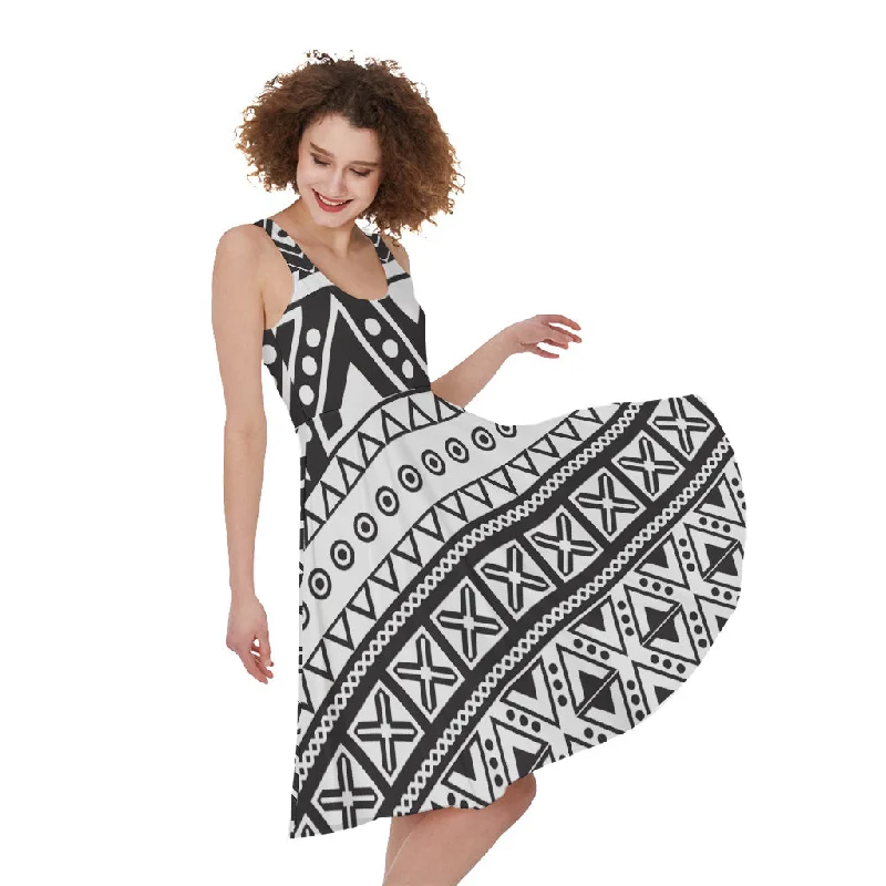 Dark Grey Aztec Pattern Print Sleeveless Knee Length Dress Tunics Top rated