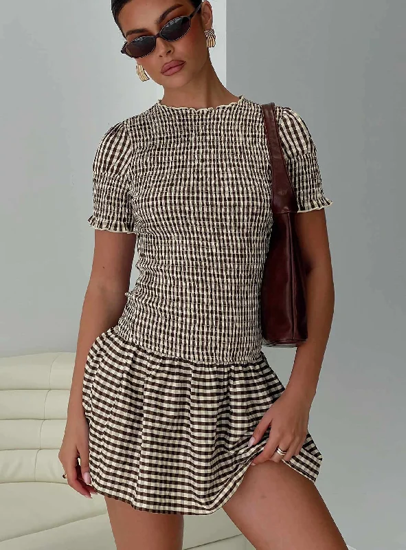 Laurita Shirred Mini Dress Brown Check Stylish Short Sleeve Mini Dress