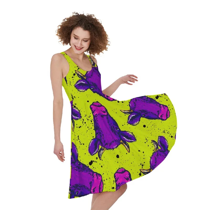 Lime Green And Purple Cow Pattern Print Sleeveless Knee Length Dress Tunics Floral girly Lime Green And Purple Cow Pattern Print Sleeveless Knee Length Dress Tunics Floral girly