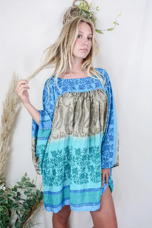 Honey Mini Dress - Vintage Indian Sari - Sea Blue & Taupe Floral (free size) Cozy Cotton Mini Dress Honey Mini Dress - Vintage Indian Sari - Sea Blue & Taupe Floral (free size) Cozy Cotton Mini Dress