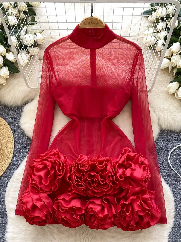 Bold Fashion Tulle High Neck Red Party Dress Shift Classic Vintage