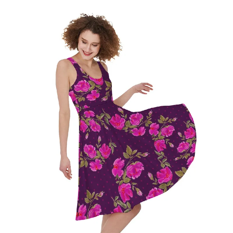 Purple Floral Flower Pattern Print Sleeveless Knee Length Dress Tunics Fashionable trendy Purple Floral Flower Pattern Print Sleeveless Knee Length Dress Tunics Fashionable trendy