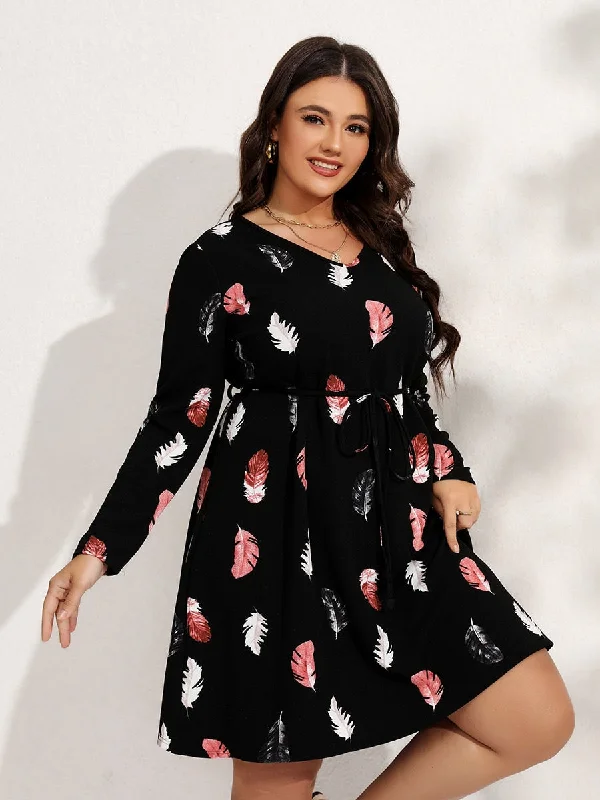 BerriesJam - 2024 Tie Neck Ruffle Hem Solid Feather Print Plus Size Party Dress Tunics Winter warm BerriesJam - 2024 Tie Neck Ruffle Hem Solid Feather Print Plus Size Party Dress Tunics Winter warm