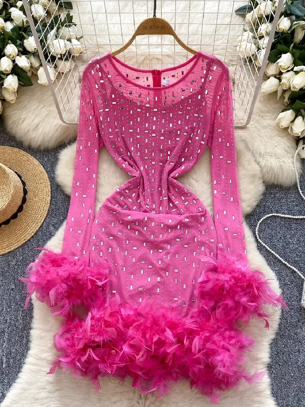 Rhinestones Feathers Vibrant Pink Party Dress A-Line Day Work