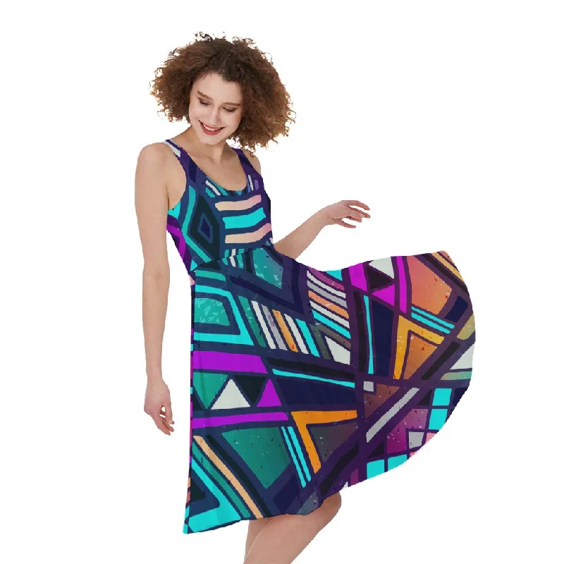 Ethnic Aztec Trippy Print Sleeveless Knee Length Dress Tunics Long Elegant