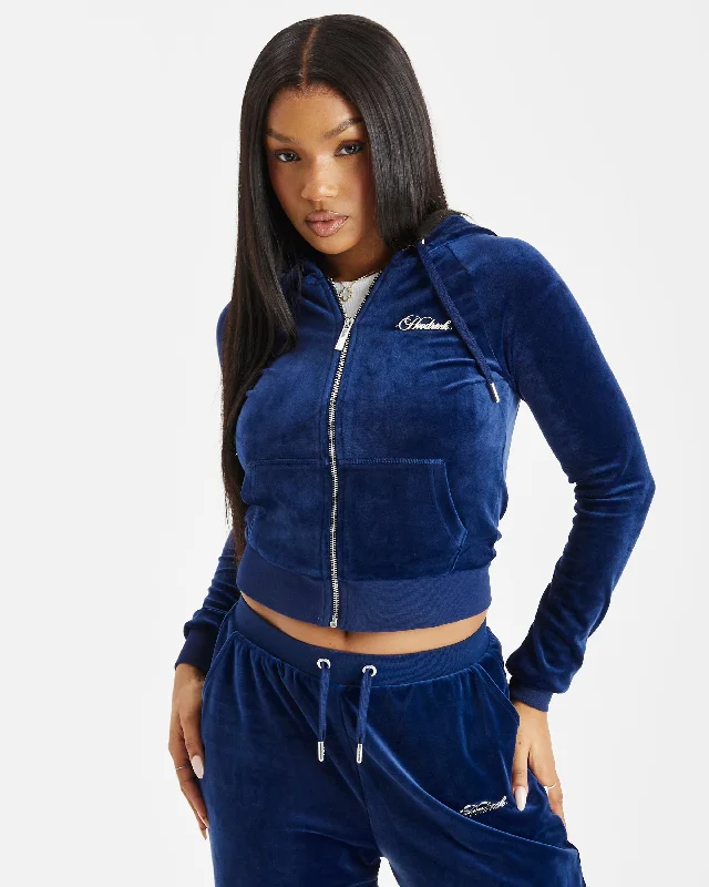Figure Velour Zip Hoodie - Navy/Silver/Rhinestone Hoodie with Set-In Sleeves Structured Classic