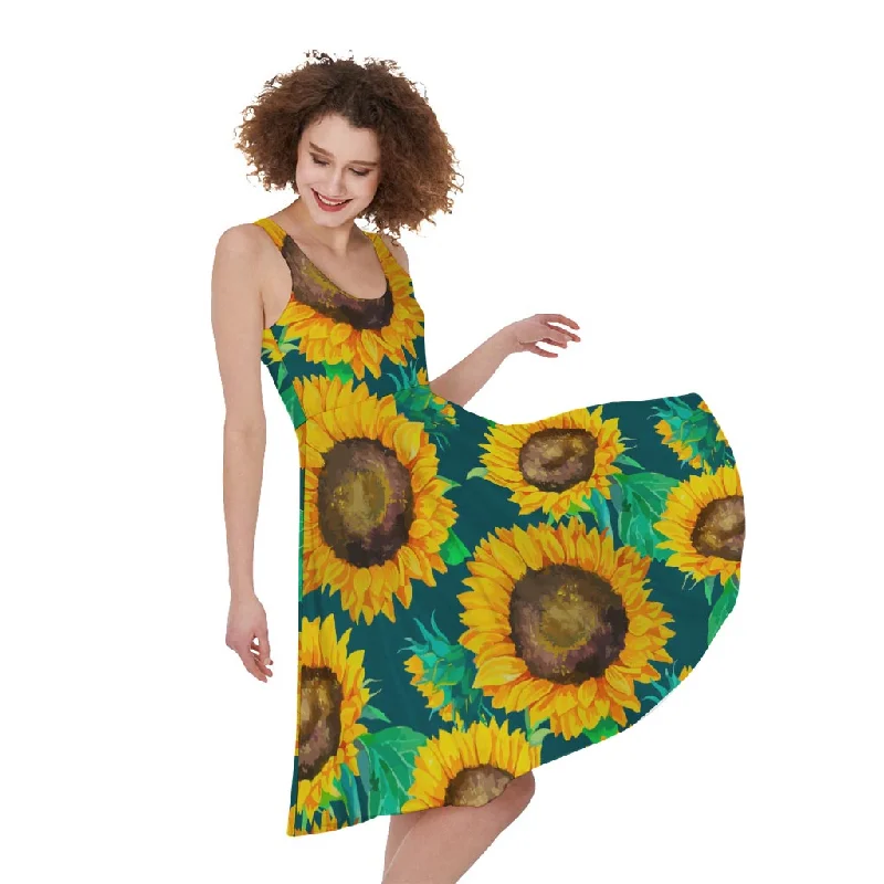 Green Watercolor Sunflower Pattern Print Sleeveless Knee Length Dress Tunics Mesh breathable Green Watercolor Sunflower Pattern Print Sleeveless Knee Length Dress Tunics Mesh breathable