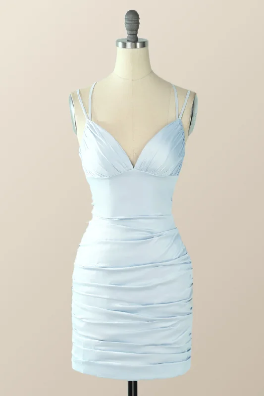 Light Blue Straps Bodycon Mini Dress Fashionable Mini Dress with Pockets
