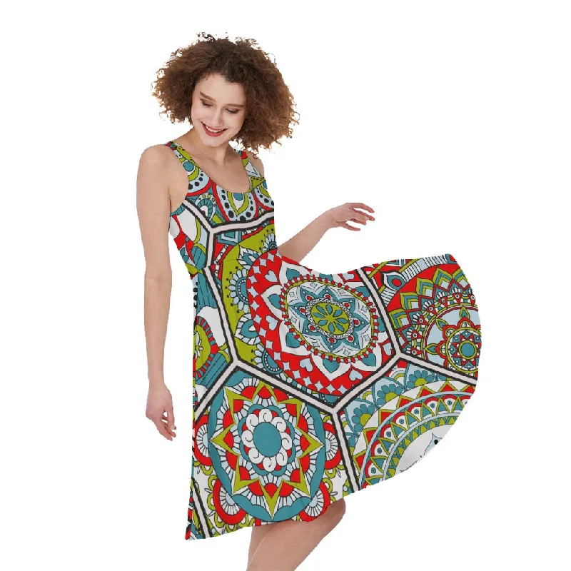 Oriental Mandala Bohemian Pattern Print Sleeveless Knee Length Dress Tunics Corduroy durable Oriental Mandala Bohemian Pattern Print Sleeveless Knee Length Dress Tunics Corduroy durable