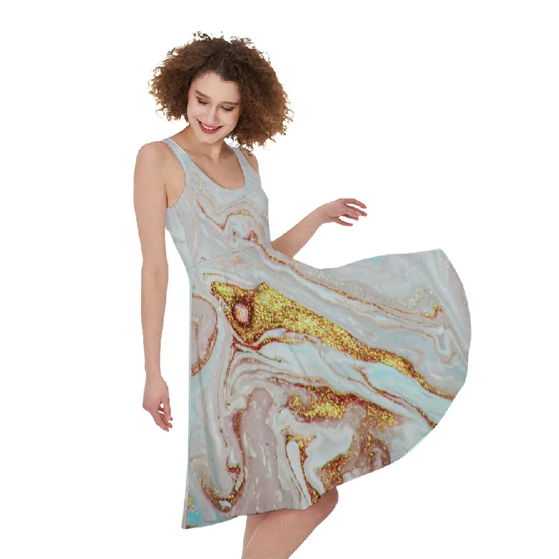 Pink Gold Liquid Marble Print Sleeveless Knee Length Dress Tunics Essential wardrobe Pink Gold Liquid Marble Print Sleeveless Knee Length Dress Tunics Essential wardrobe
