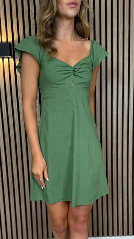 Gina Khaki Knot Detail Mini Dress Elegant Lace-Up Mini Dress
