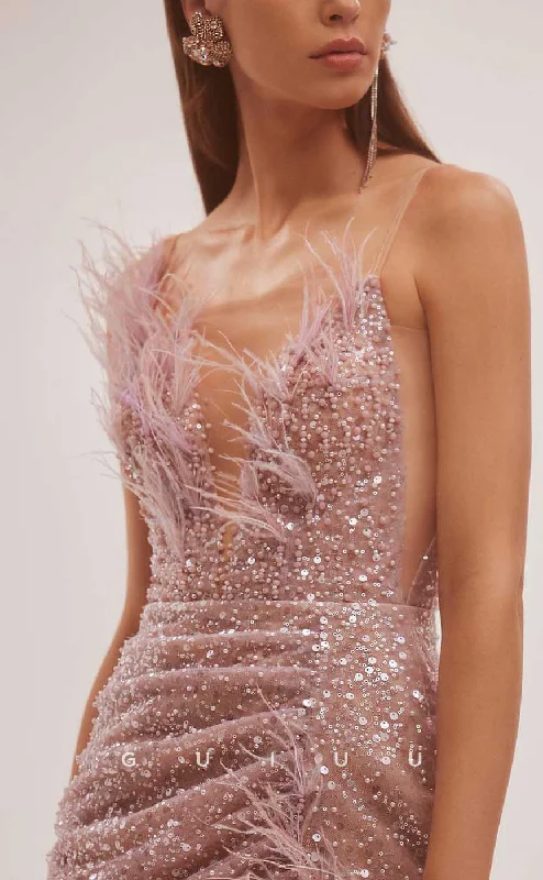 GH536 - Sheath/Column V-Neck Pleats Spaghetti Straps Fully Beaded With Feather Cocktail Party Dress Tunics Travel practical GH536 - Sheath/Column V-Neck Pleats Spaghetti Straps Fully Beaded With Feather Cocktail Party Dress Tunics Travel practical