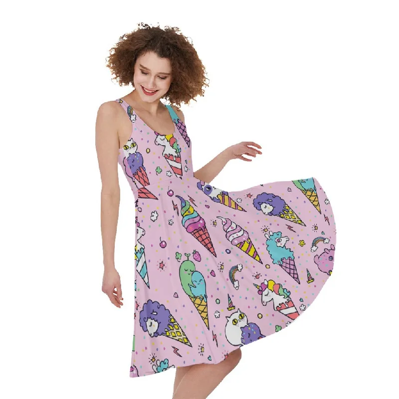 Girly Unicorn Ice Cream Pattern Print Sleeveless Knee Length Dress Tunics Fashionable trendy Girly Unicorn Ice Cream Pattern Print Sleeveless Knee Length Dress Tunics Fashionable trendy
