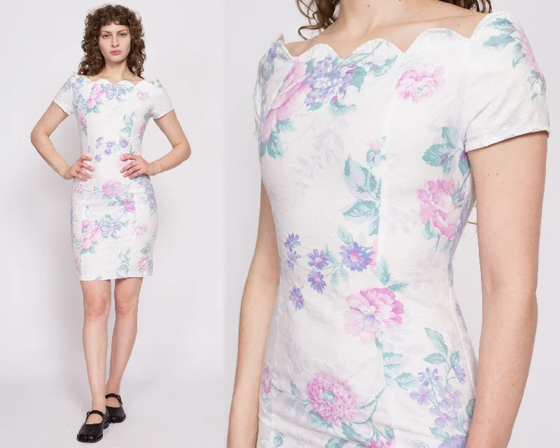 80s Off-Shoulder Peony & Daisy Print Party Dress - Small Boatneck Modish Everyday