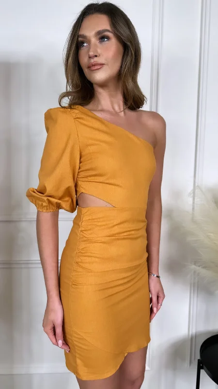 Libby Orange One Shoulder Cut Out Mini Dress Fashionable Lace Mini Dress