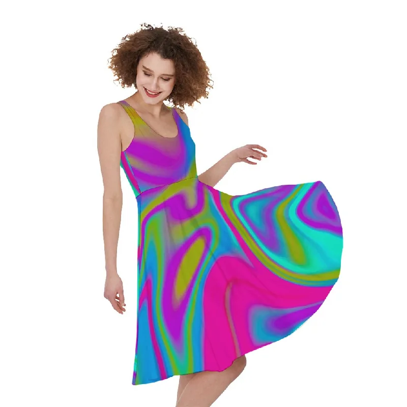 Neon Psychedelic Trippy Print Sleeveless Knee Length Dress Tunics Modern contemporary Neon Psychedelic Trippy Print Sleeveless Knee Length Dress Tunics Modern contemporary