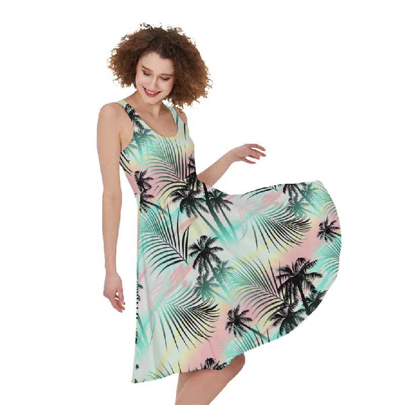 Pastel Palm Tree Pattern Print Sleeveless Knee Length Dress Shift Classic Vintage