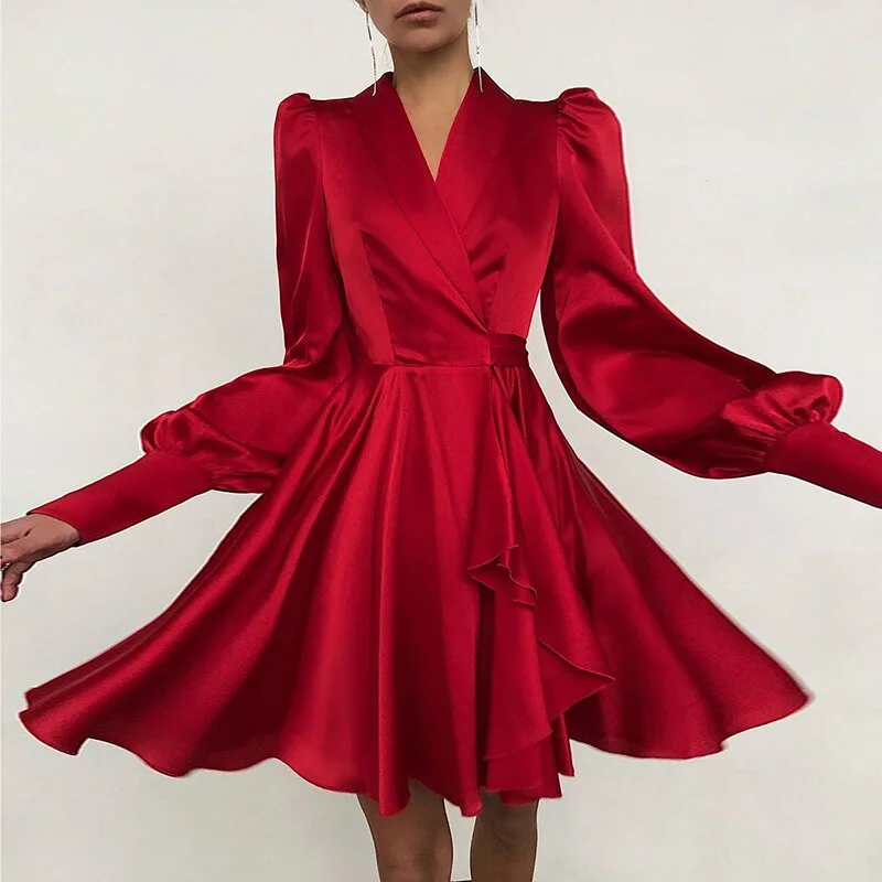 BerriesJam - 2024 V-Neck Satin Elegant Lantern Sleeve A-Line Club Party Dress Tunics Bestseller popular BerriesJam - 2024 V-Neck Satin Elegant Lantern Sleeve A-Line Club Party Dress Tunics Bestseller popular