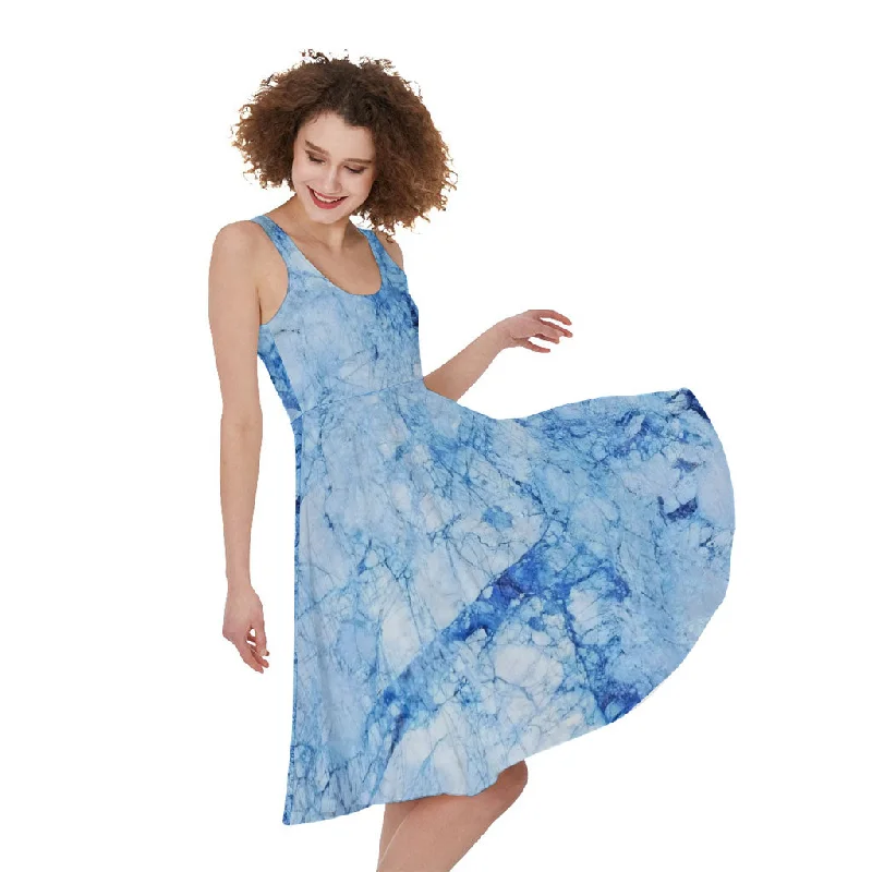 Ice Blue Marble Print Sleeveless Knee Length Dress Tunics Denim casual