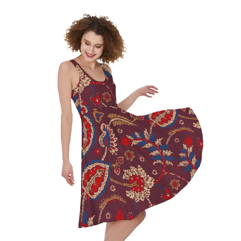 Maroon Vintage Bohemian Floral Print Sleeveless Knee Length Dress Tunics Sophisticated sleek