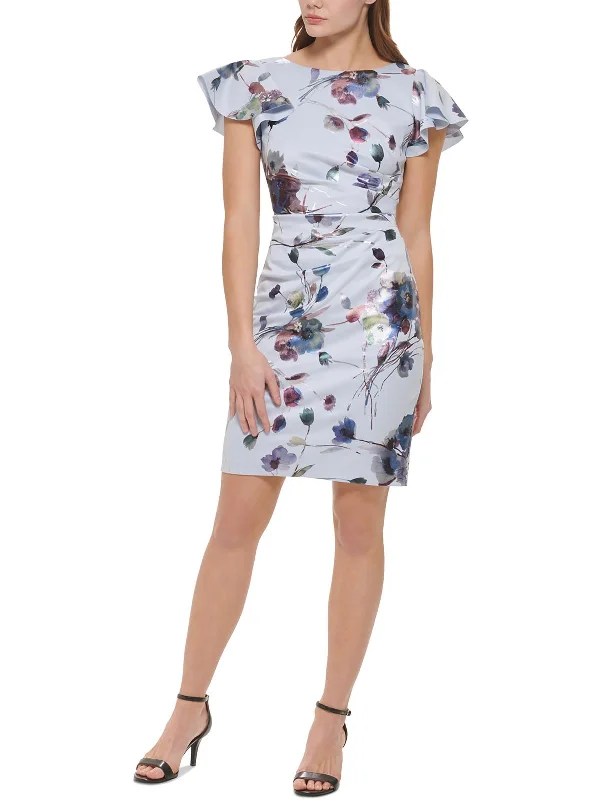 Petites Womens Floral Print Polyester Cocktail And Party Dress Peplum Ruffle Cocktail