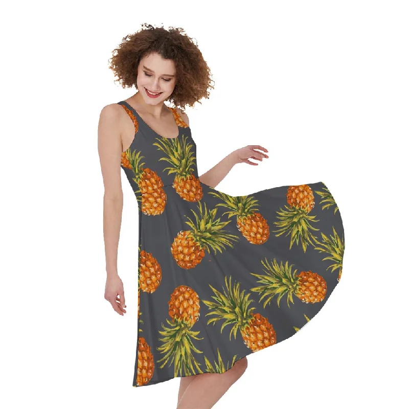 Grey Watercolor Pineapple Pattern Print Sleeveless Knee Length Dress Casual Short Summer Grey Watercolor Pineapple Pattern Print Sleeveless Knee Length Dress Casual Short Summer