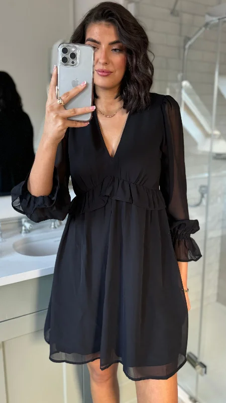 Daniela Black Chiffon Smock Mini Dress Casual V-Neck Mini Dress