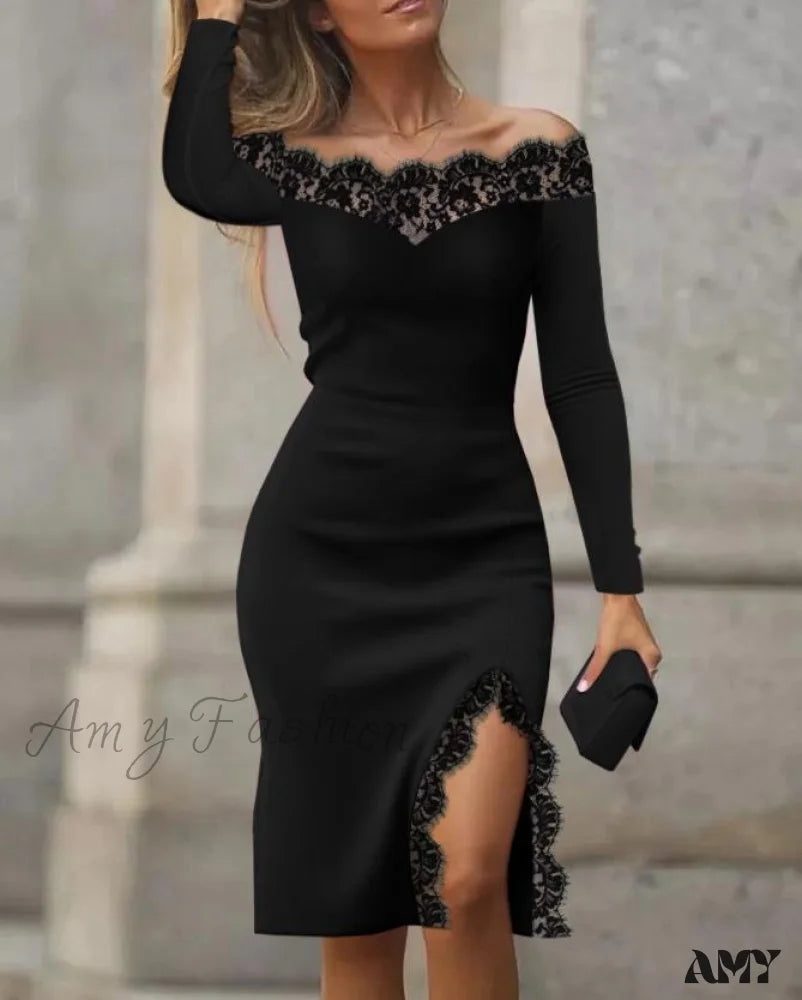 Amy Fashion - Lace Off Shoulder Long Sleeve Slit Midi Party Dress Turtleneck Neckline Stylish Amy Fashion - Lace Off Shoulder Long Sleeve Slit Midi Party Dress Turtleneck Neckline Stylish