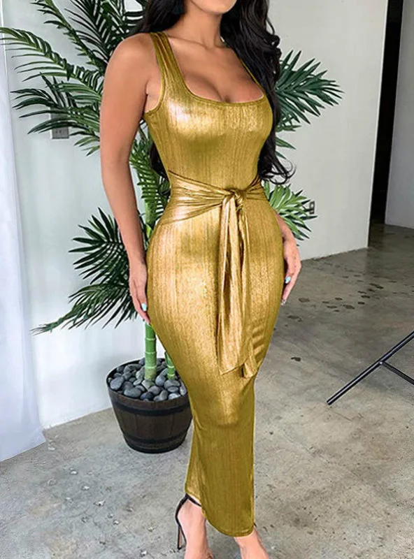 Women Knot Front Solid Metallic Party Dress Tunics Top Casual
