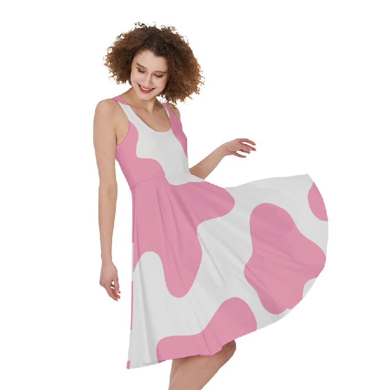 Pastel Pink And White Cow Print Sleeveless Knee Length Dress Pencil Office Professional Pastel Pink And White Cow Print Sleeveless Knee Length Dress Pencil Office Professional
