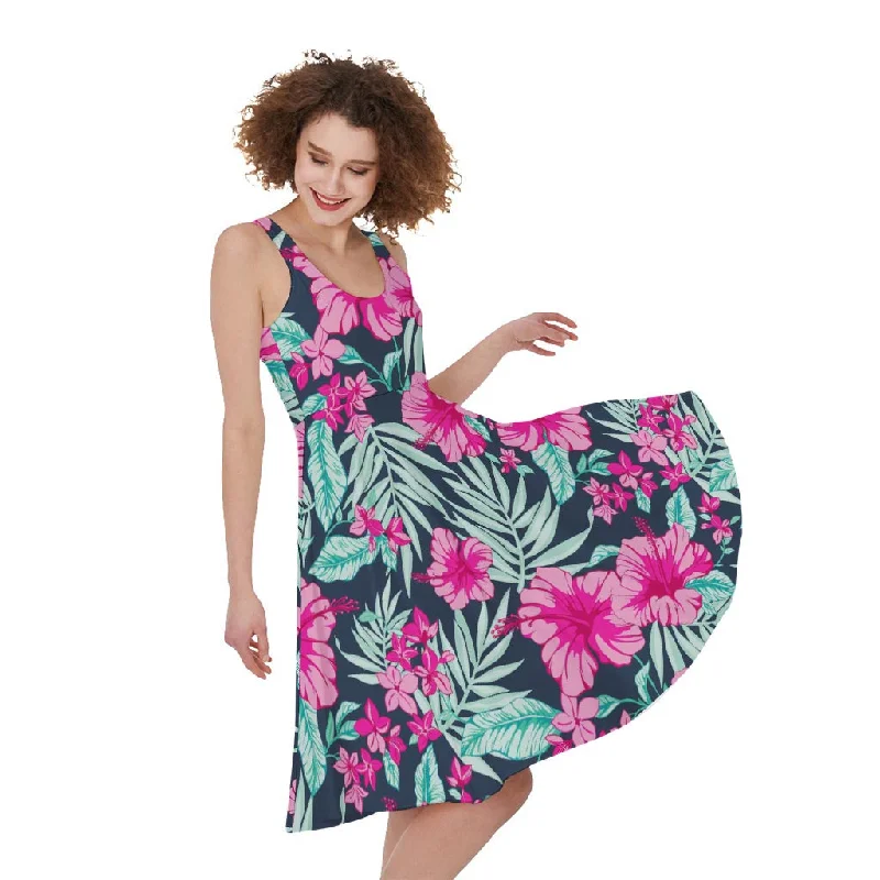 Pink Hibiscus Tropical Pattern Print Sleeveless Knee Length Dress Tunics Brand named Pink Hibiscus Tropical Pattern Print Sleeveless Knee Length Dress Tunics Brand named