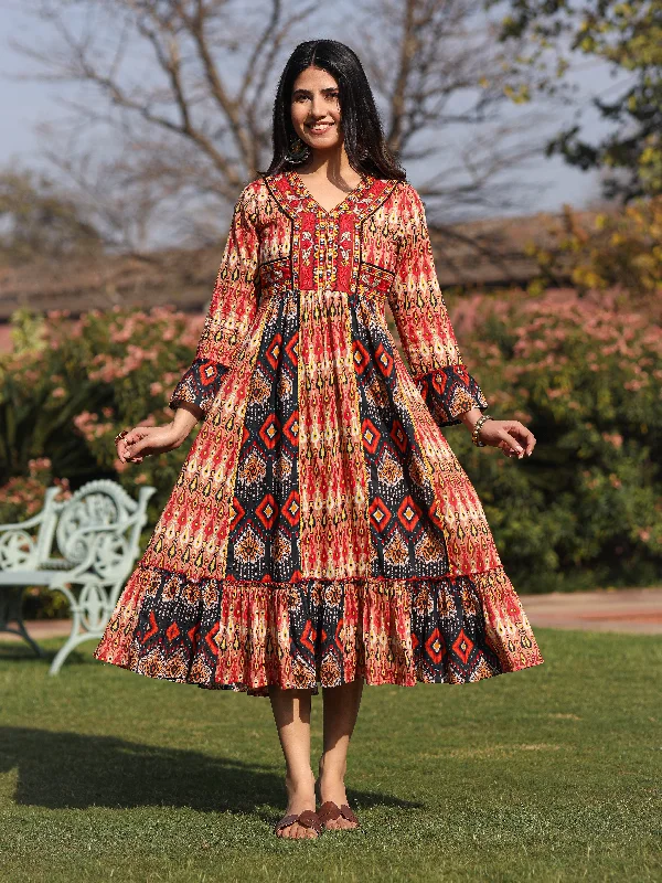 Women Rust Cotton Printed Dress Tunics Chic fashionable